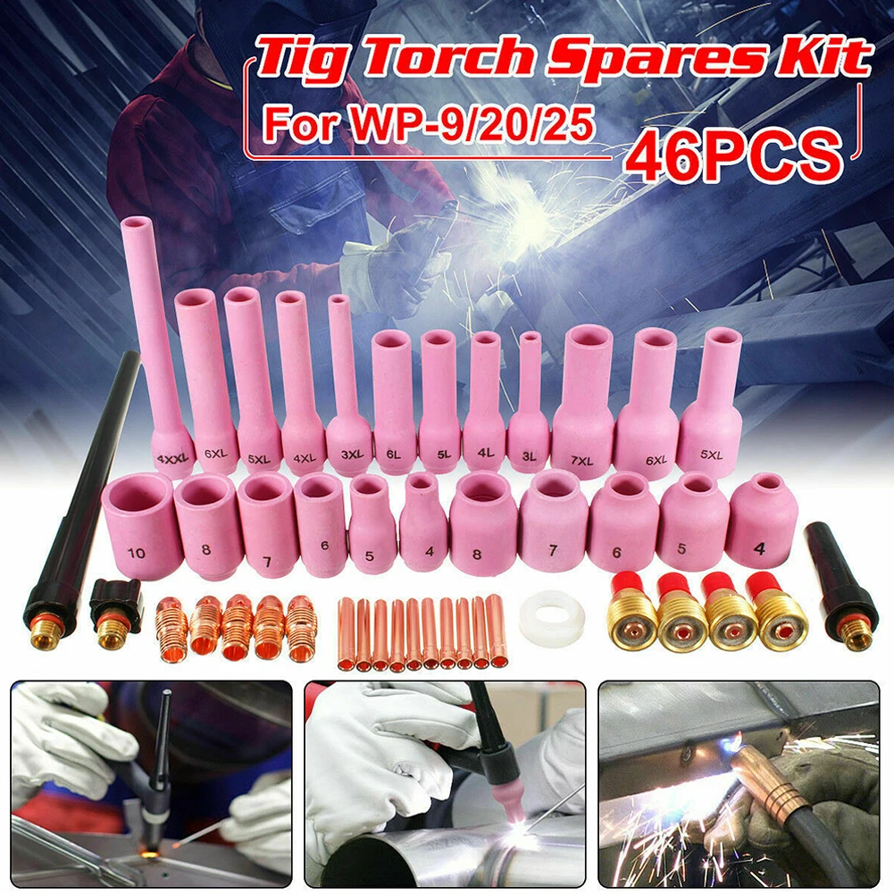 46 шт., цанговый корпус газовой линзы TIG, ассорти, комплект F O R WP-9 WP-20 WP-25, горелки TIG, сменные аксессуары для электроинструментов