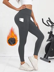 Jednokolorowe spodnie do jogi z podszewką z polaru, legginsy fitness do biegania z kieszenią