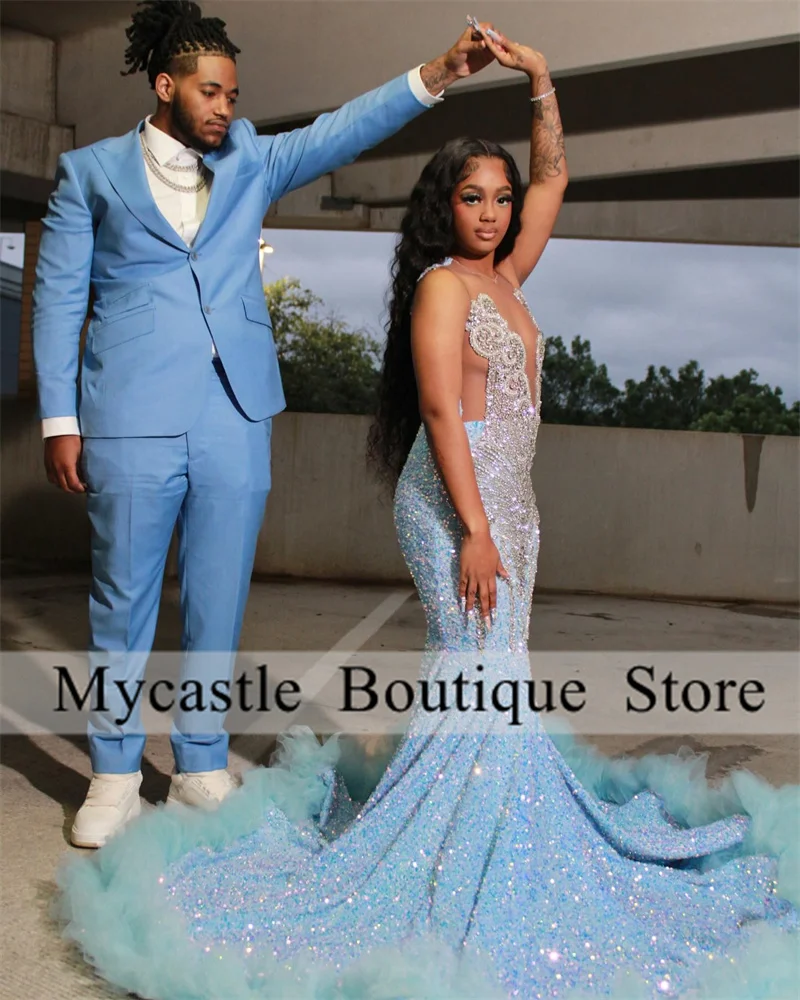 Sky Blue Sequins Beaded Long Prom Dresses For Black Girls 2025 Crystals Rhinestones Ruffles Mermaid Customized Party Gowns