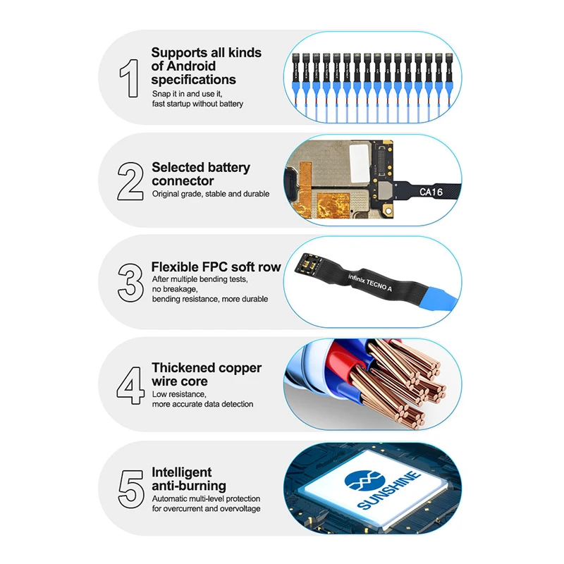 SUNSHINE SS-905H SE for Android Phone Series Power Supply Cable Built-in Identification Resistor for Android Repair Power Cable