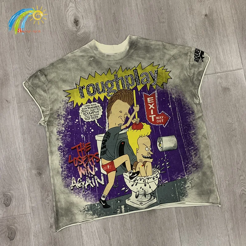 

Vintage Wash Cream Dirty Flash Diamond Logo Rough Play Vest Tee Men Women Streetwear Cartoon Print RoughPlay Sleeveless T-Shirt
