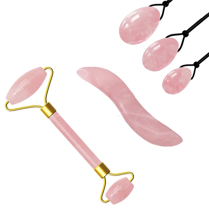 Rose Quartz Jade Roller S-shaped GuaSha Board Yoni Egg Jade Eggs Set Face Massage Crystal Stone Jade Massager Skin Face Roller