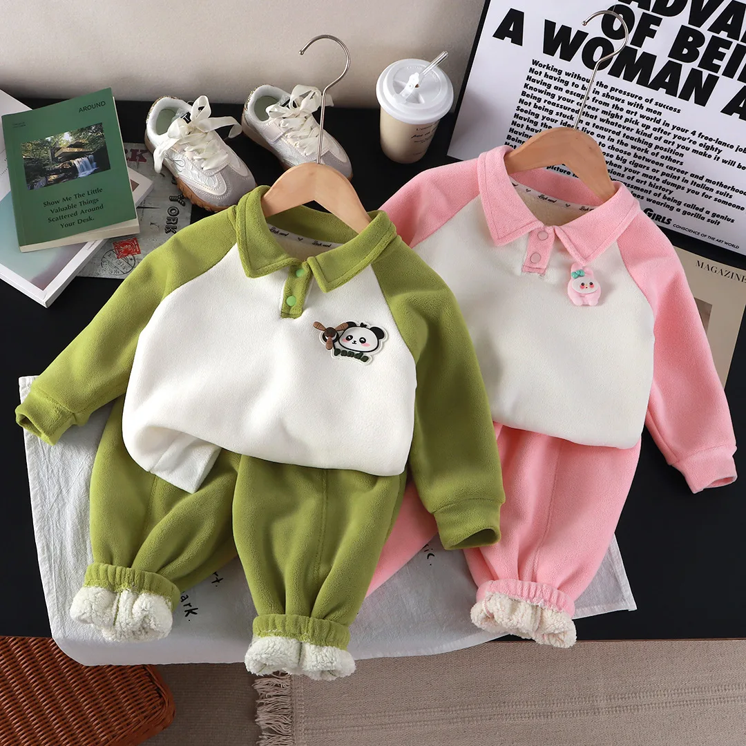 

New Winter Children Girls Two-piece Set Panda Printed Plush Fleece Kids Baby Girls Tops Pullovers+elastic Waist Toddler Boy Pant