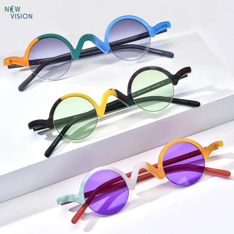 

New Color Blocked Matte Acetate Women Half Frame Round Sunglasses Fashion Men High Quality Outdoor Polarized Driving Sun Glasses