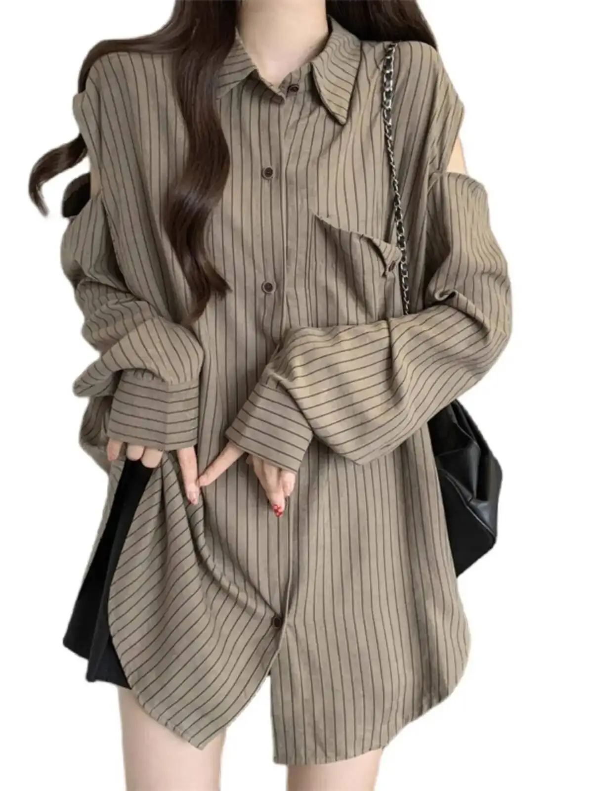 Dames plus size gestreept shirt met lange mouwen, slanke pasvorm, off-shoulder, chique top, halflange designblouse