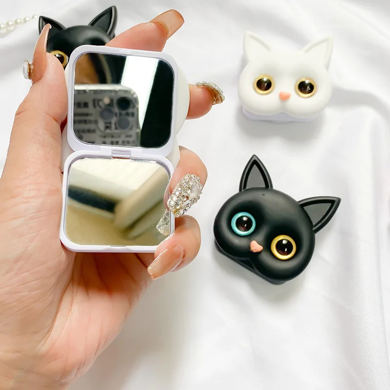 Cute 3D Black / White Cat Mirror Air Bag Stand for IPhone Android Phone Creative Girl Portable 2-in-1 Lazy Holder Makeup Mirror