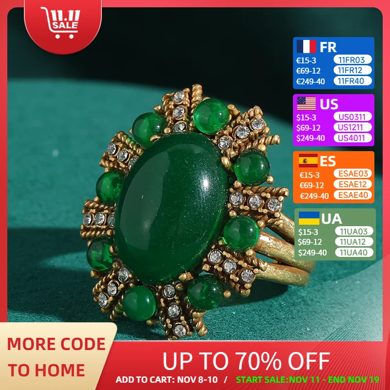 

Vintage Natural Green Ring Stone Rhinestones Gold Color Woman Luxury Designer Brands Jewelry Antique High Quality Accessories