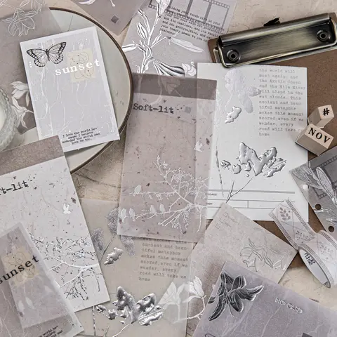 10 sheets Silver Hot-stamped Embossed Sticky Notes Material Paper DIY Junk Journal Diary Collage Scrapbooking Decorative Papers