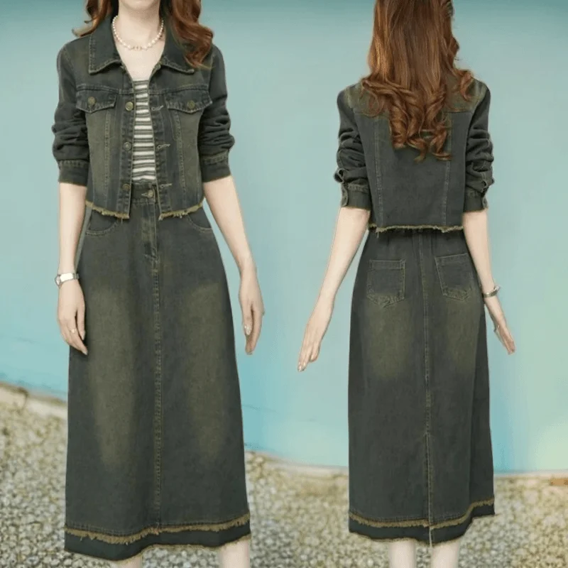 

Модный джинсовый комплект в стиле ретро: женская укороченная куртка с длинным рукавом и юбка миди, комплект из трех предметов, новинка ранней осени