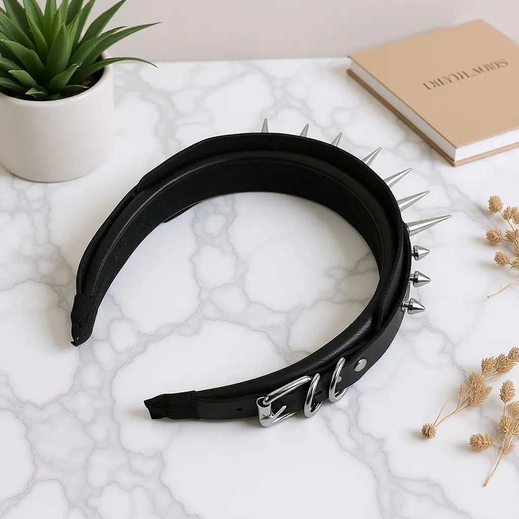 

Punk Style Headband for Women Black Wide Faux Studded Hollow Out Hair Hoop with Rivet Festival Party Rock Gothic