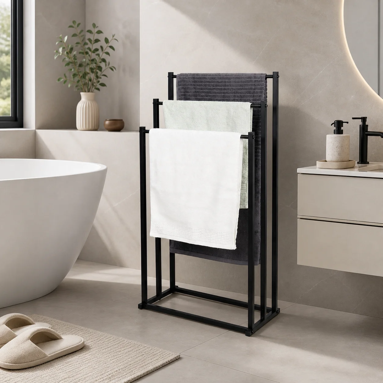 Porte-serviettes de salle de bain en métal à 3 niveaux, sur pied, avec base élargie stable, pour serviettes humides et peignoirs, étagère de rangement et de séchage