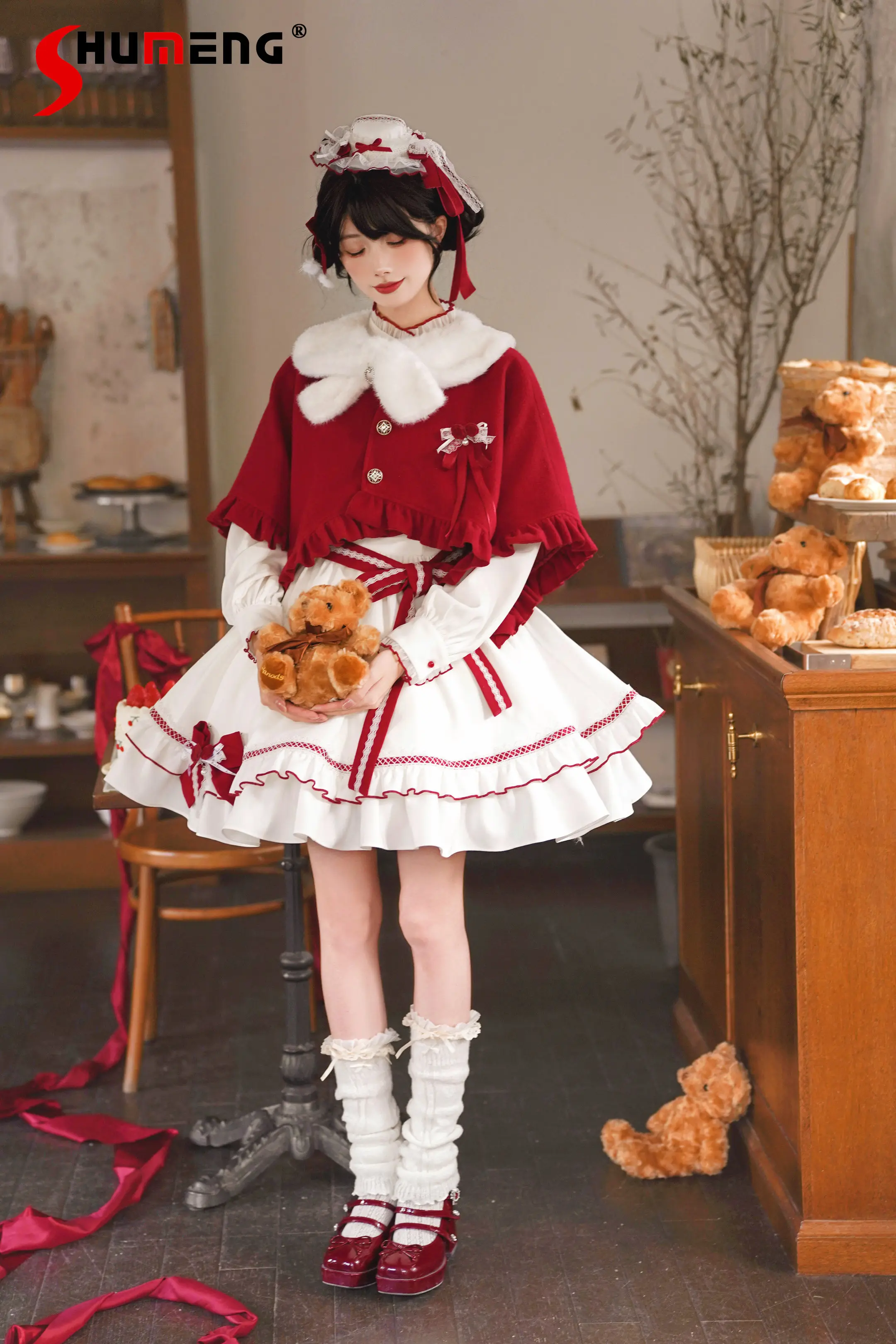

Japanese Style Sweet Cute Plush Spliced Red Short Cape Stand Collar Long Sleeve High Waist Lace-up Bow Lolita Dress for Women
