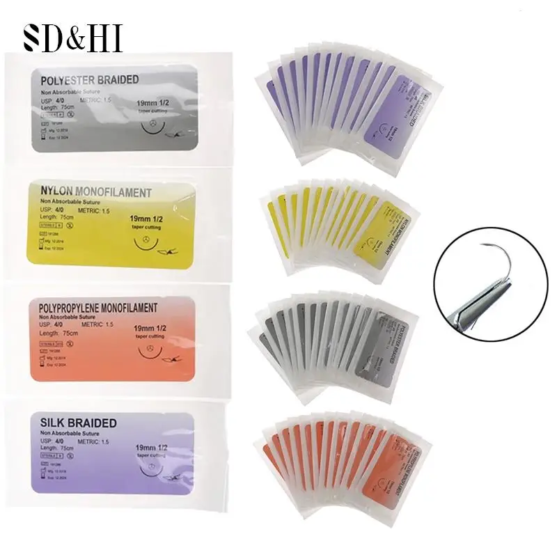 6/12pcs 2/0 3/0 4/0 Medical Needle Suture Nylon Monofilament Thread Surgical Practice Kit Teaching Demonstrations Exercises