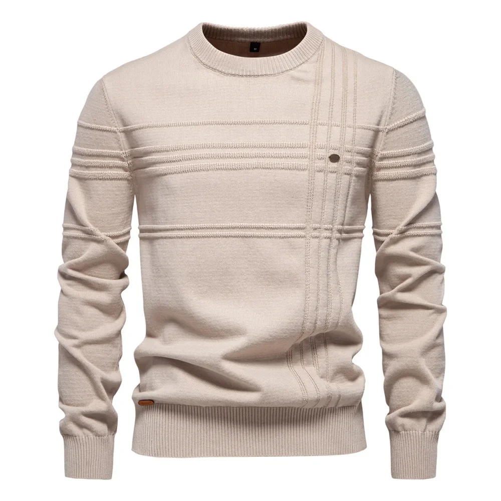 

High Quality Men's Crew Neck Sweater Pure Color Apricot Autumn Winter Fashion Casual Knitwear European Size Simple Design