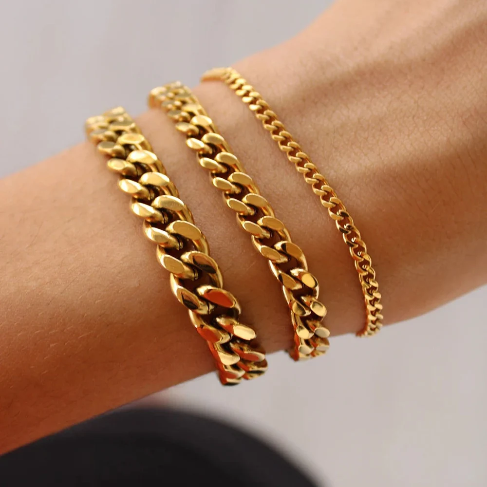 Stainless Steel Chain Bracelet Women, 3mm to 9mm Curb Cuban Chain Bangle Gold Color Unisex Wrist Stackable Jewelry