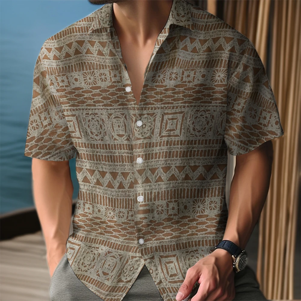 Summer Men\'s Shirt Ethnic Pattern Print Shirt Casual Short Sleeve Street Fashion Male Oversized Clothing Cardigan Hawaii Shirt