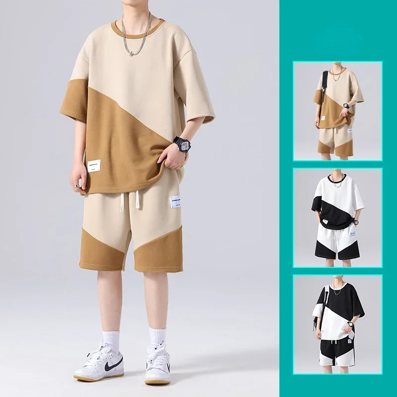 

Short Sleeved Sportswear Two-piece Set Japanese Casual Splicing Set Men Summer Thin Trendy Round Neck Men Clothing Tracksuit Men