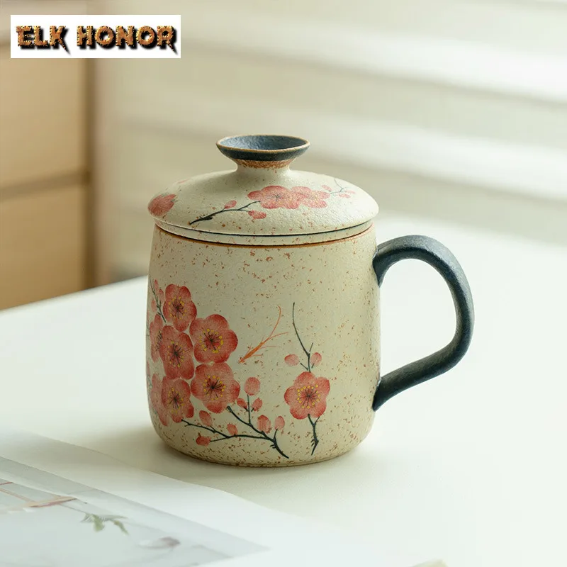 

430ml Hand-painted Plum Blossom Filter Tea Separator Cup Handmade Tea Mug With Infuser Tea Maker Office Water Cup Drinkware Gift