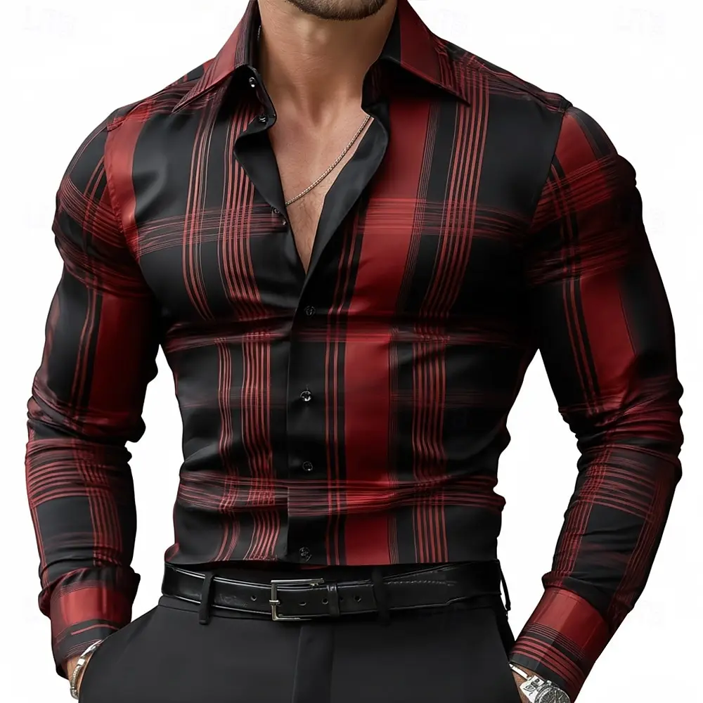

Men's Geometric Grid Plaid Shirt Long Sleeve Business Casual Vacation Dailywear 2026 Turndown 3D Print Button Up Shirts