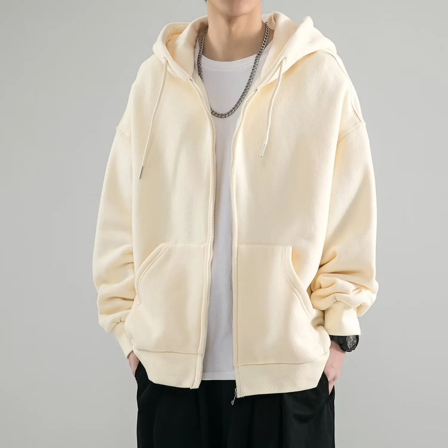 2025 spring and autumn loose and versatile plus size solid color cardigan hooded zipper sweatshirt men's coat autumn and winter