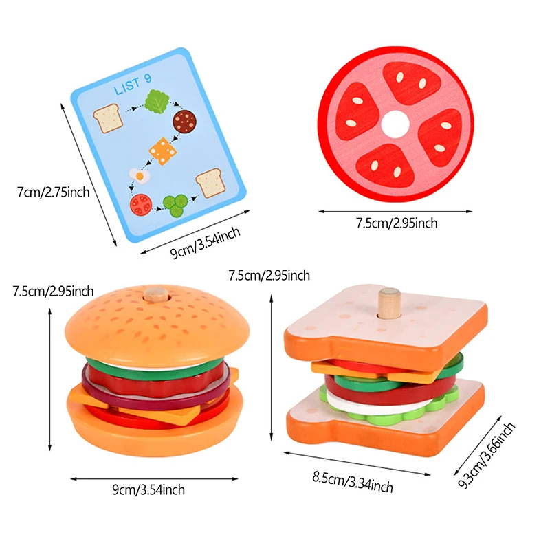 Montessori Spielzeug für Kinder, Holz Hamburger Sandwich Pommes Frites Sortieren Stapels pielzeug, Vorschule lernen so tun, als würden Sie Spielzeug spielen