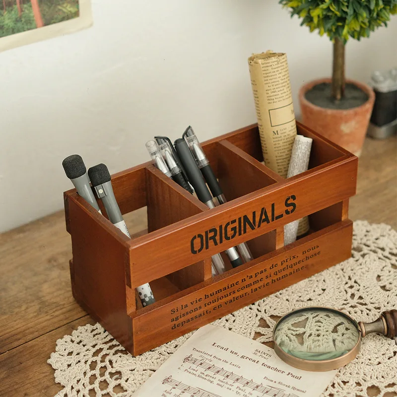Office pen holder storage wooden retro desk school supplies stationery box desktop makeup brush bucket creative ornament