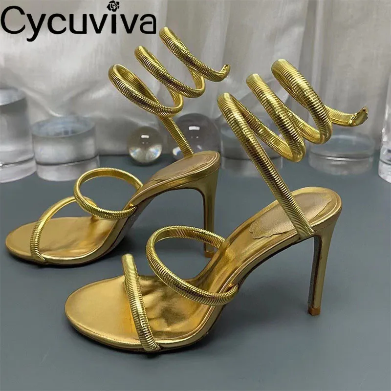 

2023 Summer Designer Brand Shoes Women Gold Heels Gladiator Sandals Sexy Open Toe Snake Around Ankle Strap Party Wedding Shoes