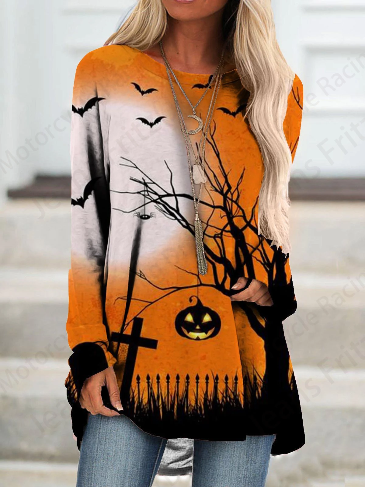 Halloween 3d Print Long Sleeve T-shirt Women Fashion Crewneck Long Tunic Tops Women Falls Pumpkin Clothing Femme Tops Y2k Style