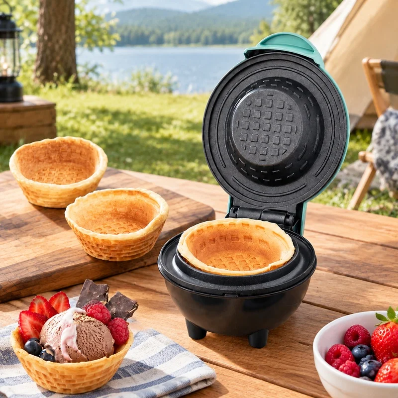 Dual Voltage Electric Waffle Bowl Creator for Home Use - Perfect for Breakfast Treats, Egg Rolls, Tarts, and Ice Cream