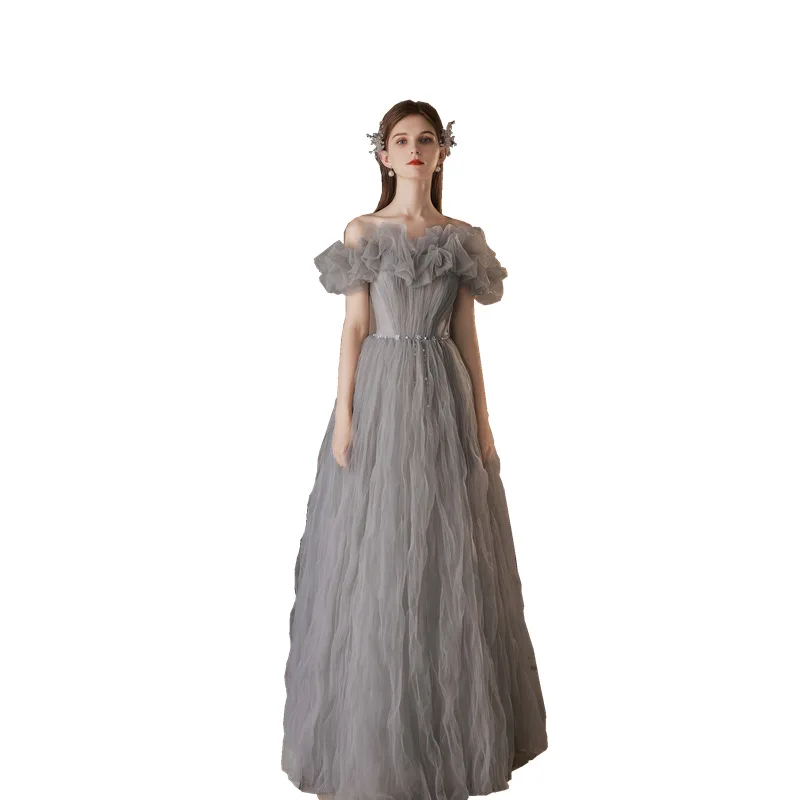 Vestido de noche de tul con hombros descubiertos para mujer, traje de Quinceañera de línea A, plisado, con volantes, color gris, elegante, a la moda, para graduación