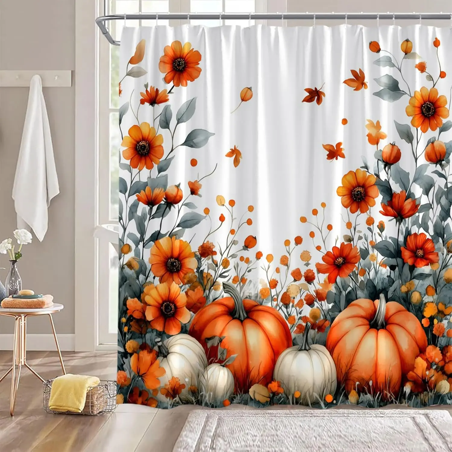 

Занавеска для душа с тыквой на День Благодарения, оранжевый цветок, бабочка, осень, тыква, акварельные листья, деревенская природа, осенняя ткань для ванной комнаты