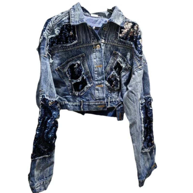 Veste en jean à fleurs pour femme, manteau en jean à paillettes assressenti, broderie rapide européenne, offres spéciales, adt, printemps, nouveau, 2024