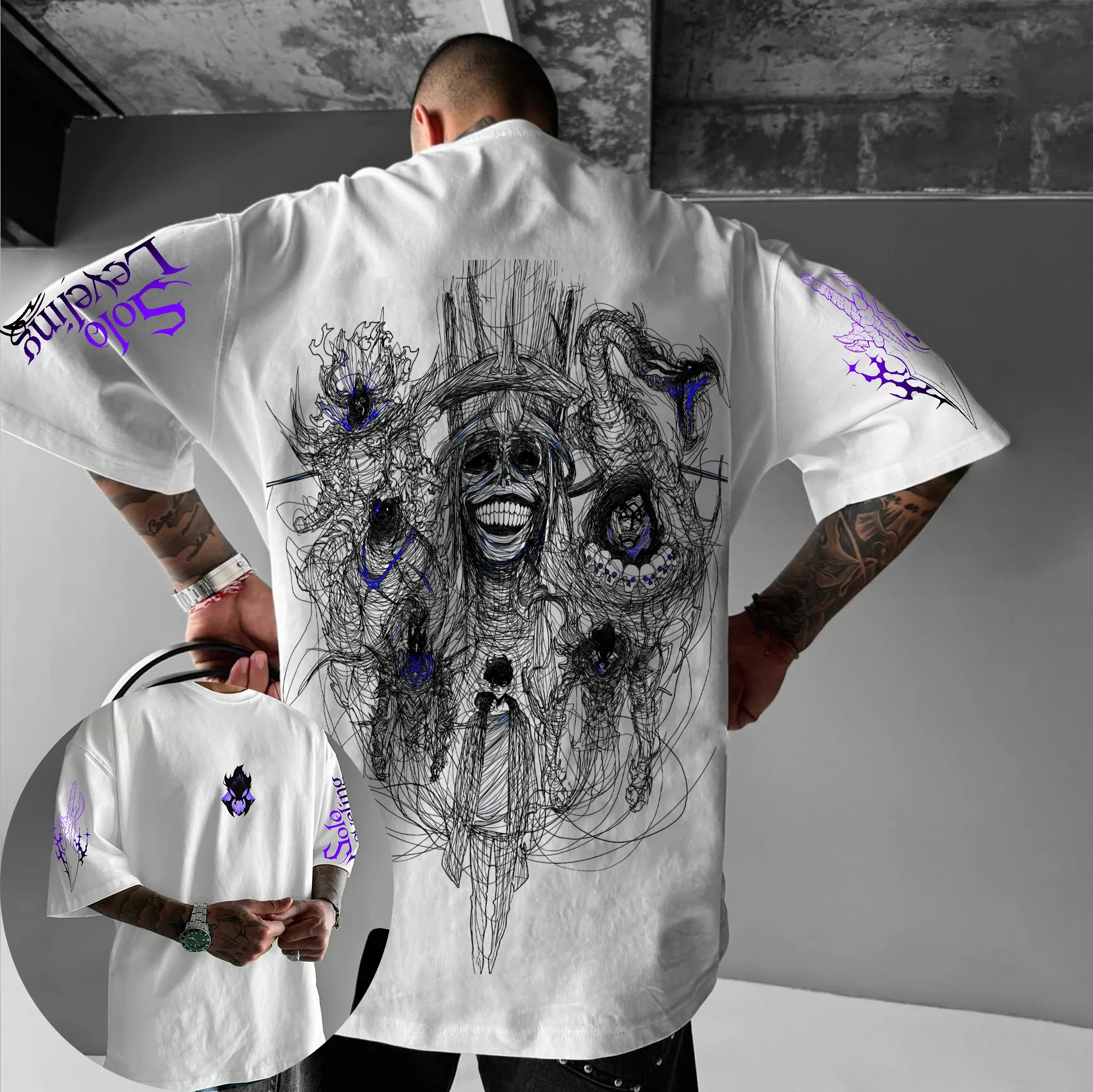 سولو التسوية أنيمي الطرفية تي شيرت 2026 الرجال والنساء الصيف جديد Harajuku كبير عصري Y2K عادية فضفاض الوالدين والطفل