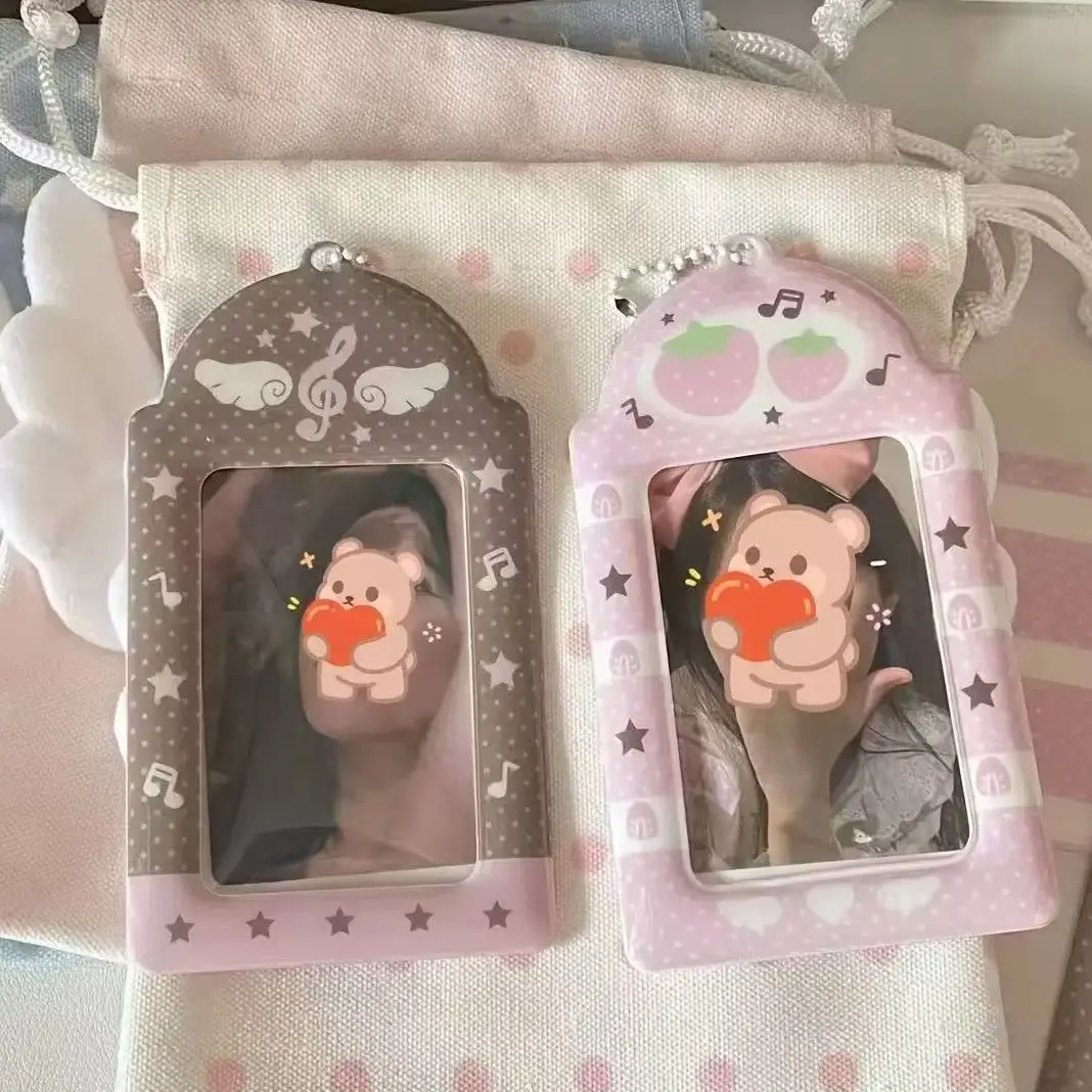 1-2PCS Pink Brown Notes Wings Card Cover Display Pendant Small Card Holder Grid Strawberry 3inch Photocard Holder DIY INS Photo