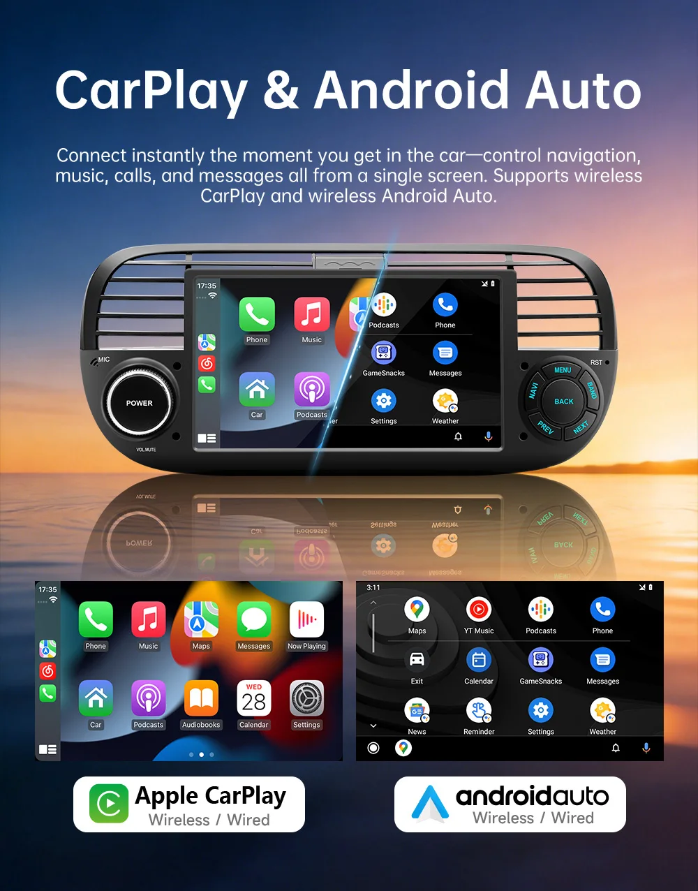 BQCC 7''Car Radio Wireless Carplay Android Auto For Fiat 500 models 07-15 CarMP5 Player AM FM RDS Radio BT USB Multimedia Player