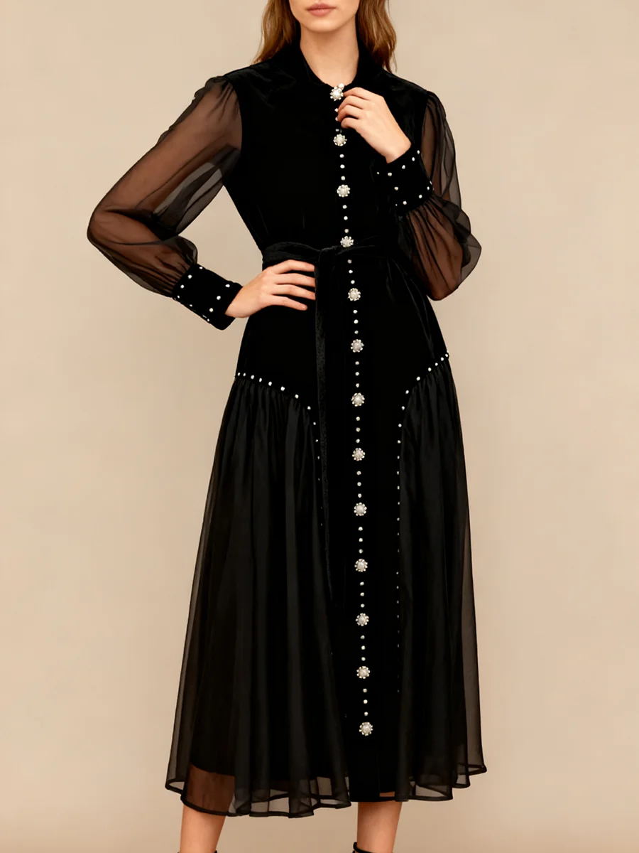 ชุดเดรสออกงานปักเลื่อมลายปะติด VGH ดีไซน์หรูหราสำหรับผู้หญิง คอทรงโอ แขนยาว ผ้าตาข่ายโปร่งแบบต่อชิ้น ความยาวปานกลาง เสื้อผ้าสตรี