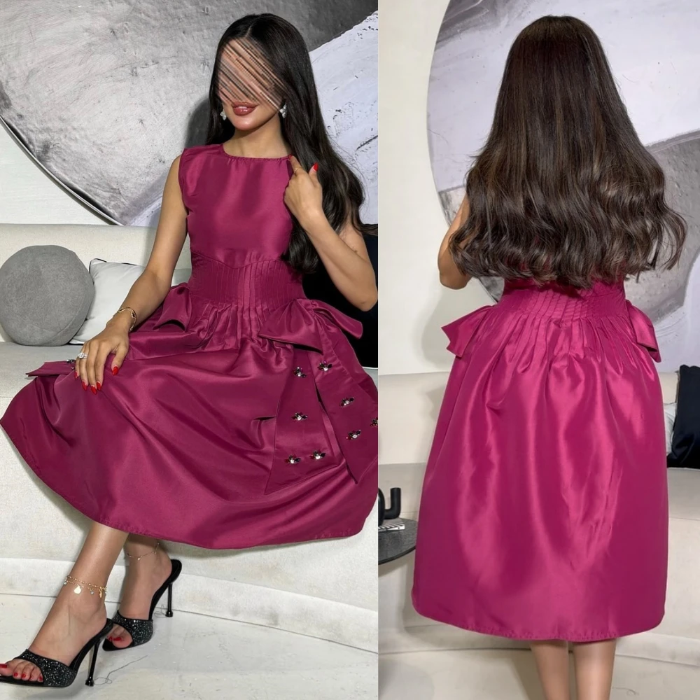 Customized   Satin Bow Cocktail Party A-line O-Neck Bespoke Occasion Gown Knee Length es