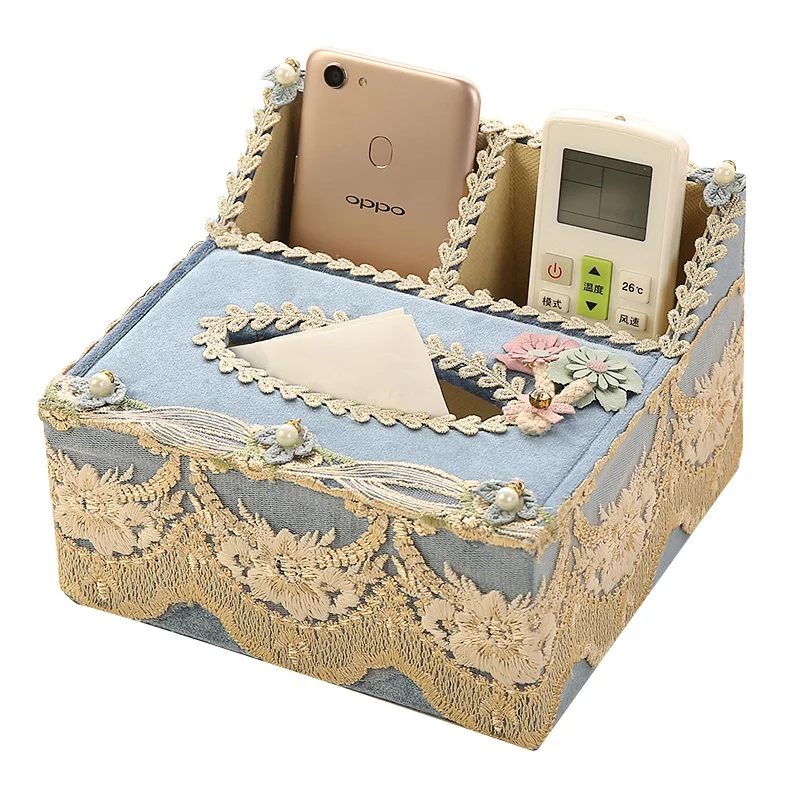 

Multifunctional European-Style Tissue Box, Home Living Room Desktop Remote Control Fabric Lace Storage Box