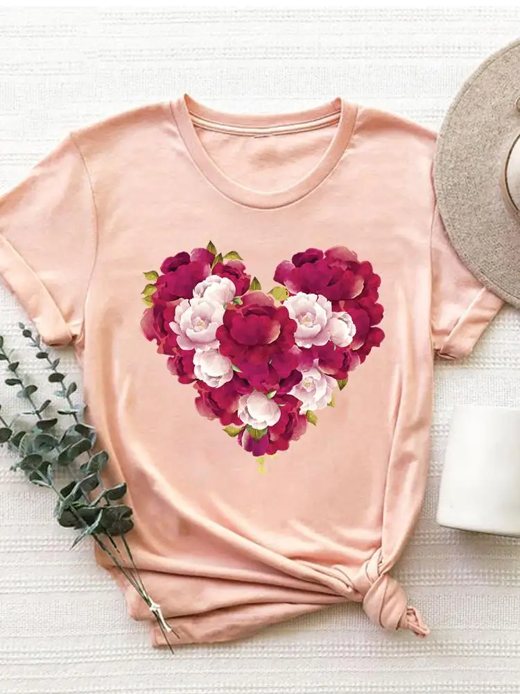 

Women Casual Floral Flower Love Heart Short Sleeve Clothing Graphic T-shirt Trend Clothes Fashion Basic Tee Top Print T Shirt