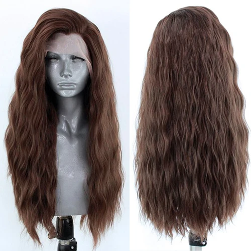 Imagen 2 del producto AIMEYA peluca con malla Frontal sintética ondulada larga, peluca de pelo sintético marrón, pelucas de encaje para mujeres, pelucas frontales de Cosplay de línea de cabello Natural