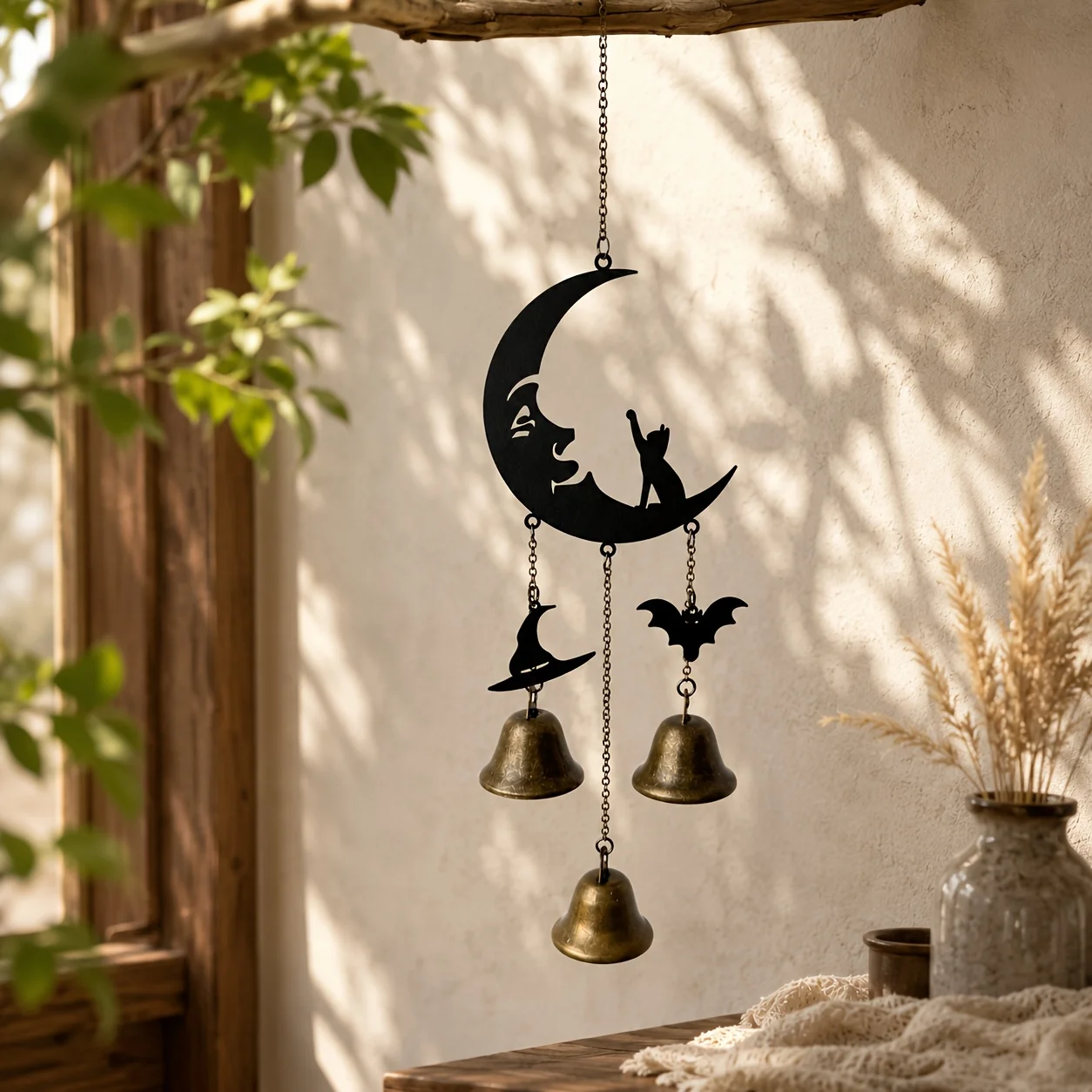 1 Piece Halloween Cat Moon-Shaped Ornament Iron Wind Chime Halloween Moon Cat Wind Chime Witch Window Hanging Decoration Home Garden Decoration
