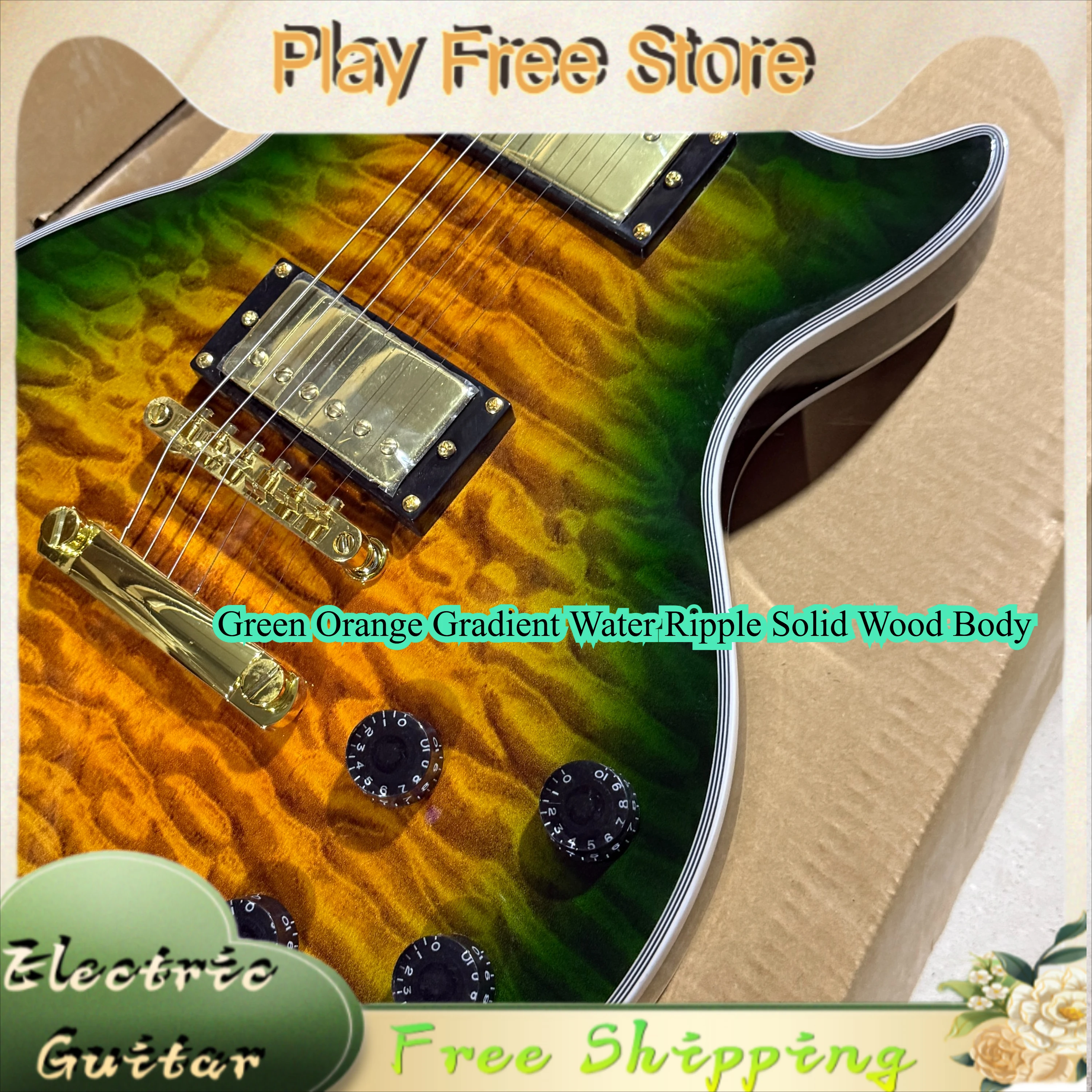 

Electric Guitar LPU Green Orange Gradient Water Ripple Solid Wood Body Fixed Bridge Free Shipping Rosewood Fingerboard