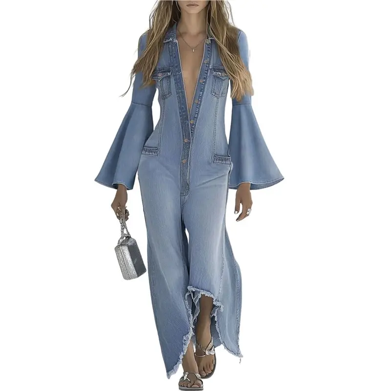 

【RABATT】Women's Denim Jumpsuit Romper Long Bell Sleeve Button Down One-Piece Pants Outfit
