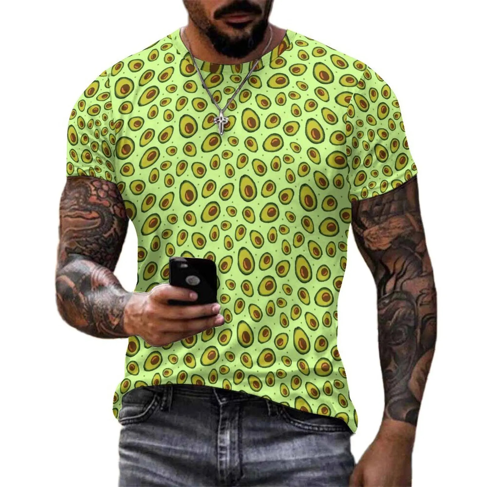 Lime Green Avocado T Shirt For Men Fruit Print Design O Neck T Shirts Summer Trendy Tops Short Sleeve Plus Size Tees Gift Idea
