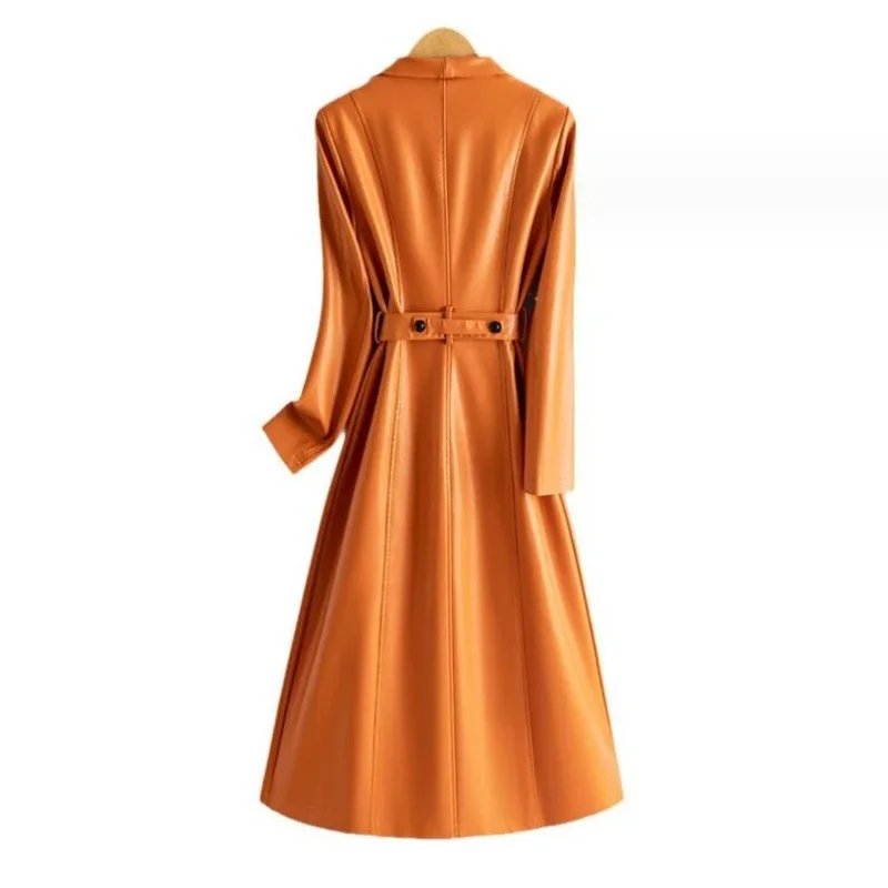 Fashion M-5XL Turn Down Collar Women Long Sleeve Belt Faux Leather Outwear 2024 Fall PU Trench Coats