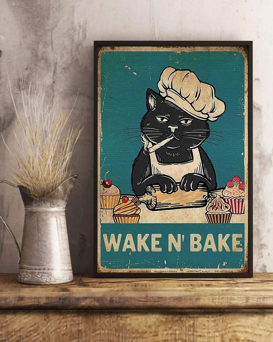 Letrero Metálico Retro 'Wake N; Bake', Letrero Metálico Divertido con Gato, Póster Metálico Vintage con Gato Negro