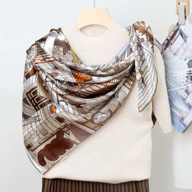 Paris Street Mulberry Silk Scarf 110*110 Square Women Head Neck Bandanas Hem Rolled Edges Scarves Handkerchief Decoration