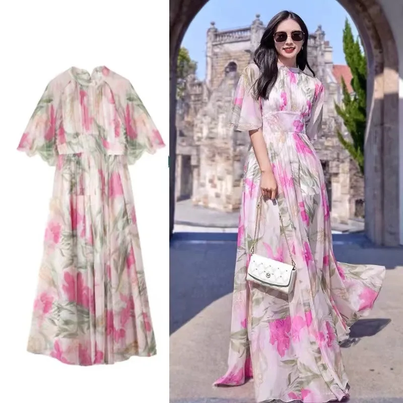 2024 Summer Gorgeour Flower Chiffon Holiday Maxi Dress Elegant Boho Women Flare Sleeve Lace Up High Waist Print Long Robe S-3XL