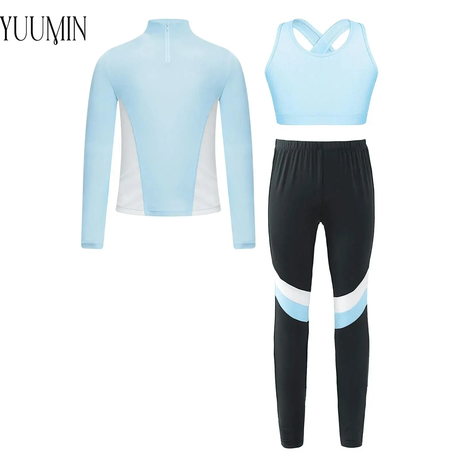 

Children Girl Golf Tennis Sportswear Sports Outfit Long Sleeves T-shirt with Vest Leggings Set for Workout Exercise Yoga Running