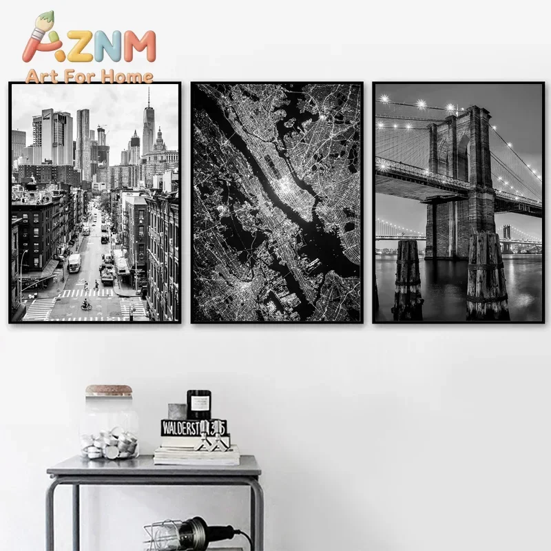 AZNM Black White New York City Landscape Canvas Wall Art NYC Street Skyscraper Brooklyn Bridge Poster, Unframed Canvas Print for